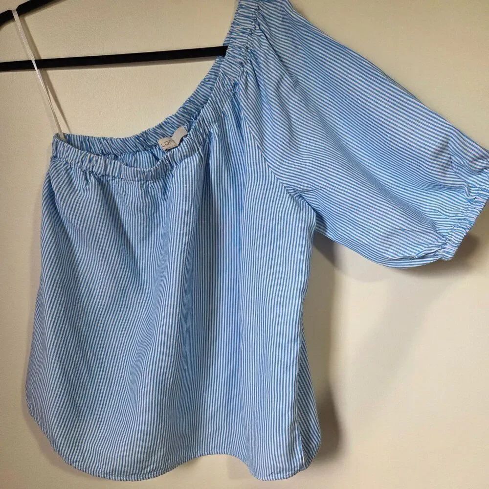 EUC LOFT LINEN BLEND PINSTRIPE ONE SHOULDER TOP SIZE M